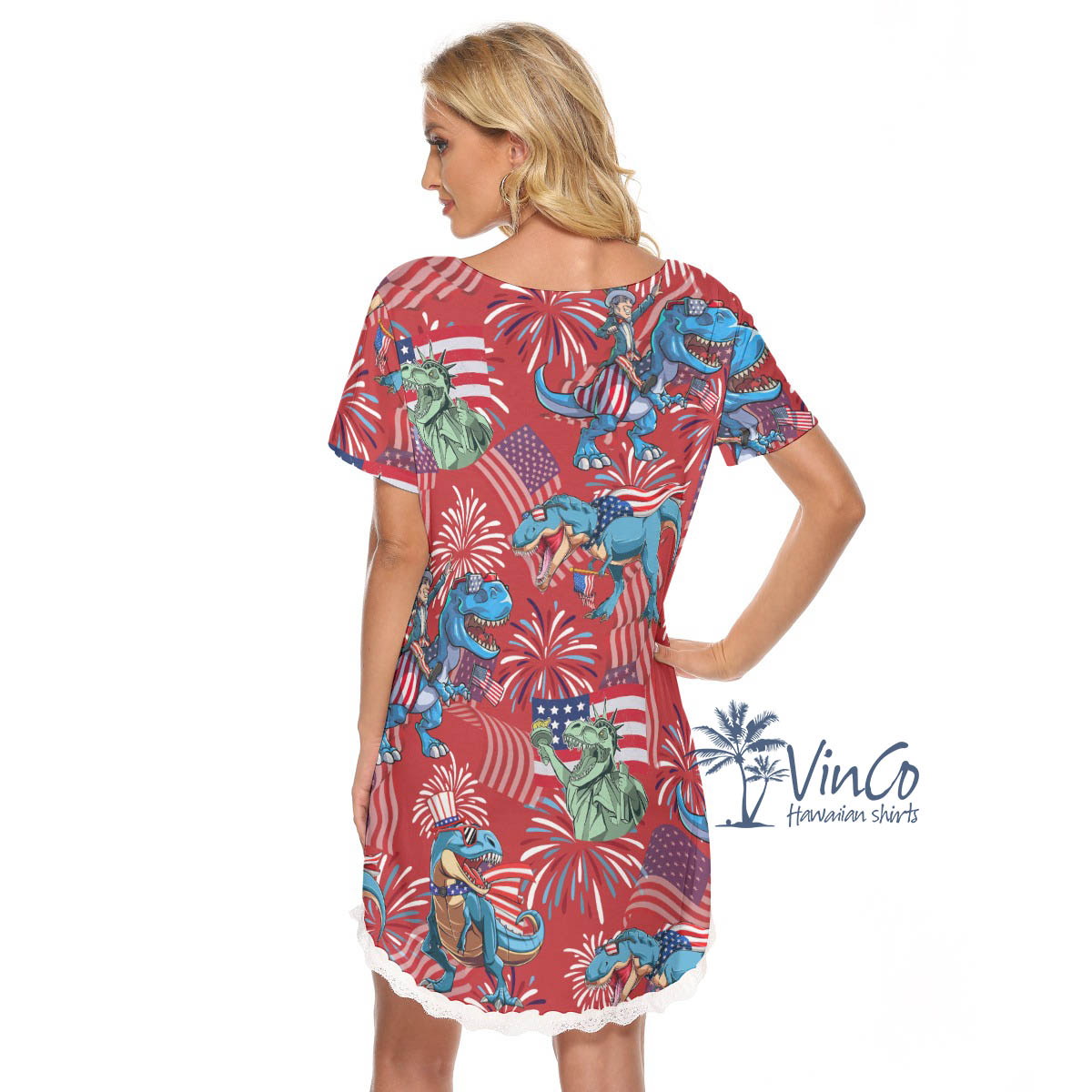 Dinosaur American Flag Women's Red Hawaiian Dresses
