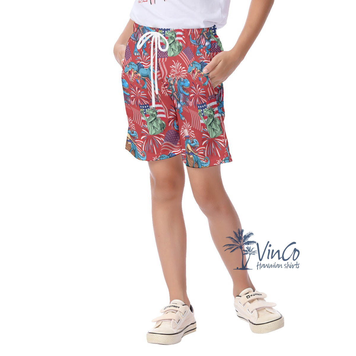 Funny Amerisaurus Rex Hawaiian Beach Shorts For Kids