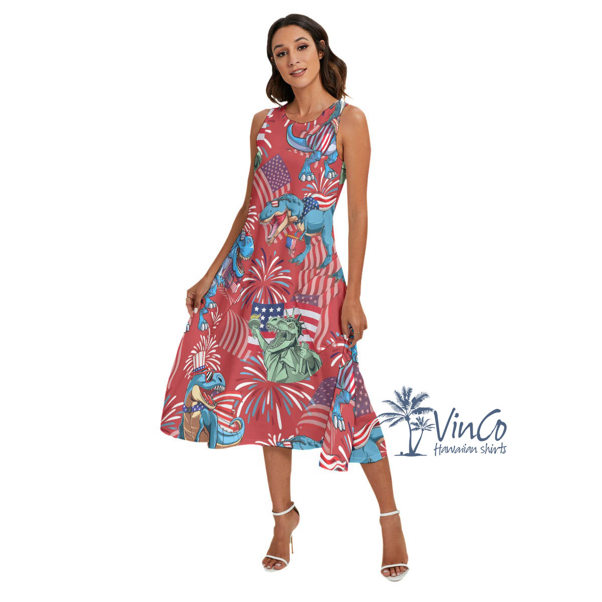 American Flag Dinosaur Red Luau Dress