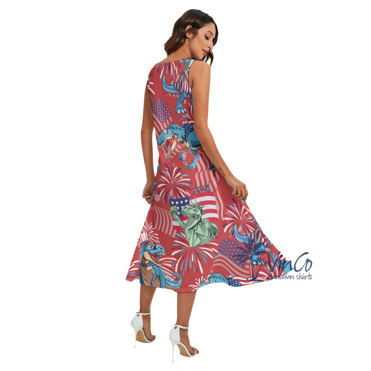 American Flag Dinosaur Red Luau Dress