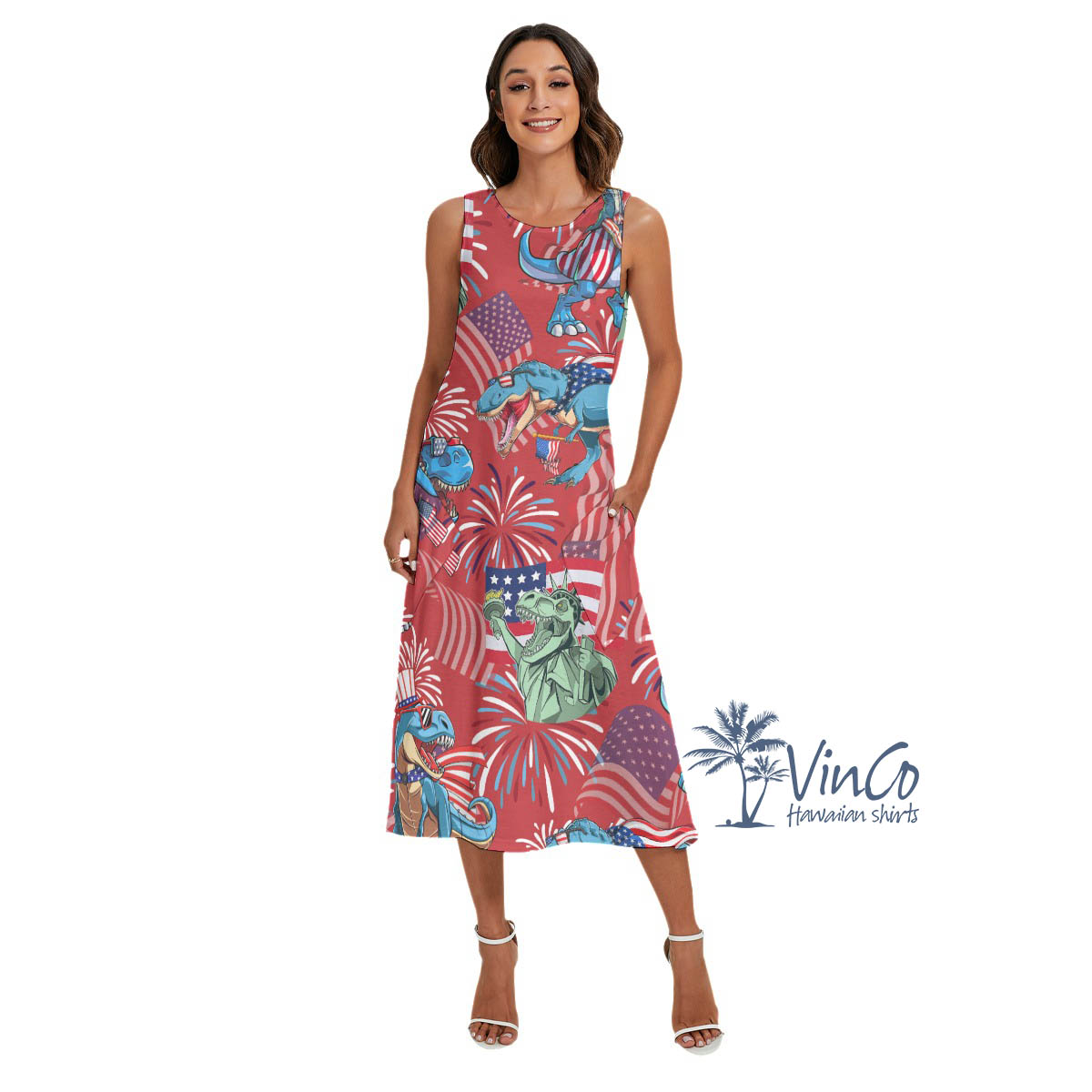 American Flag Dinosaur Red Luau Dress