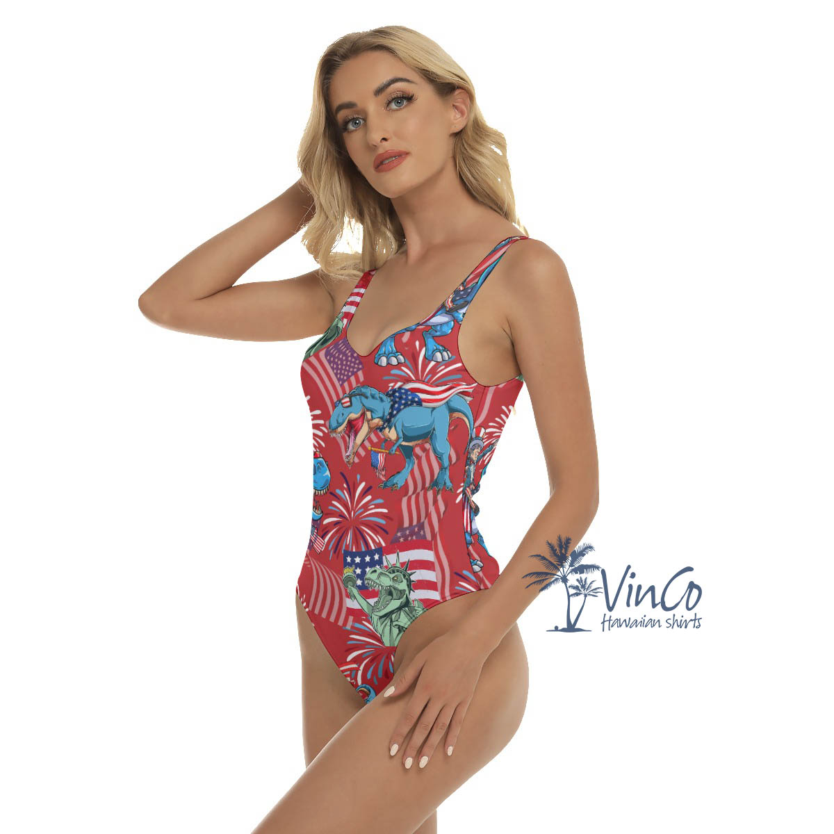 Funny Dinosaur 4th Of July Women's Hawaiian Swimsuit