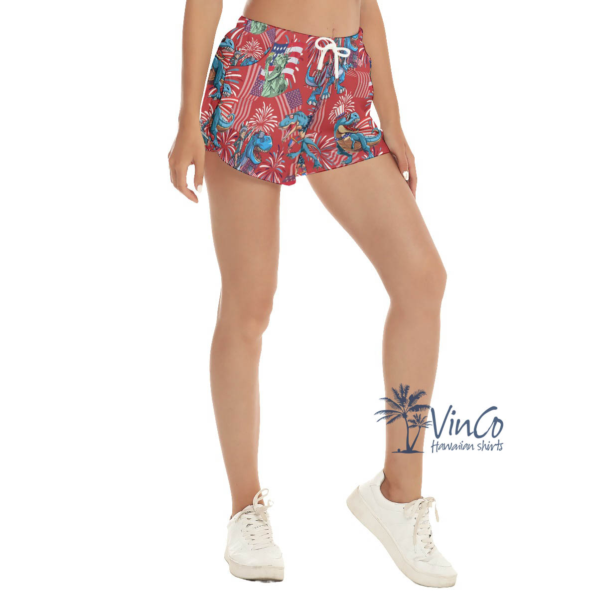 4th Of July Dinosaur Firework Hawaiian Summer Shorts For Women
