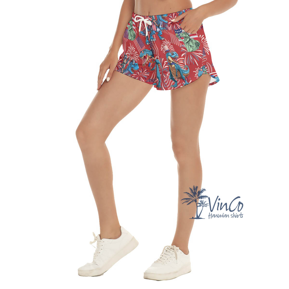 4th Of July Dinosaur Firework Hawaiian Summer Shorts For Women