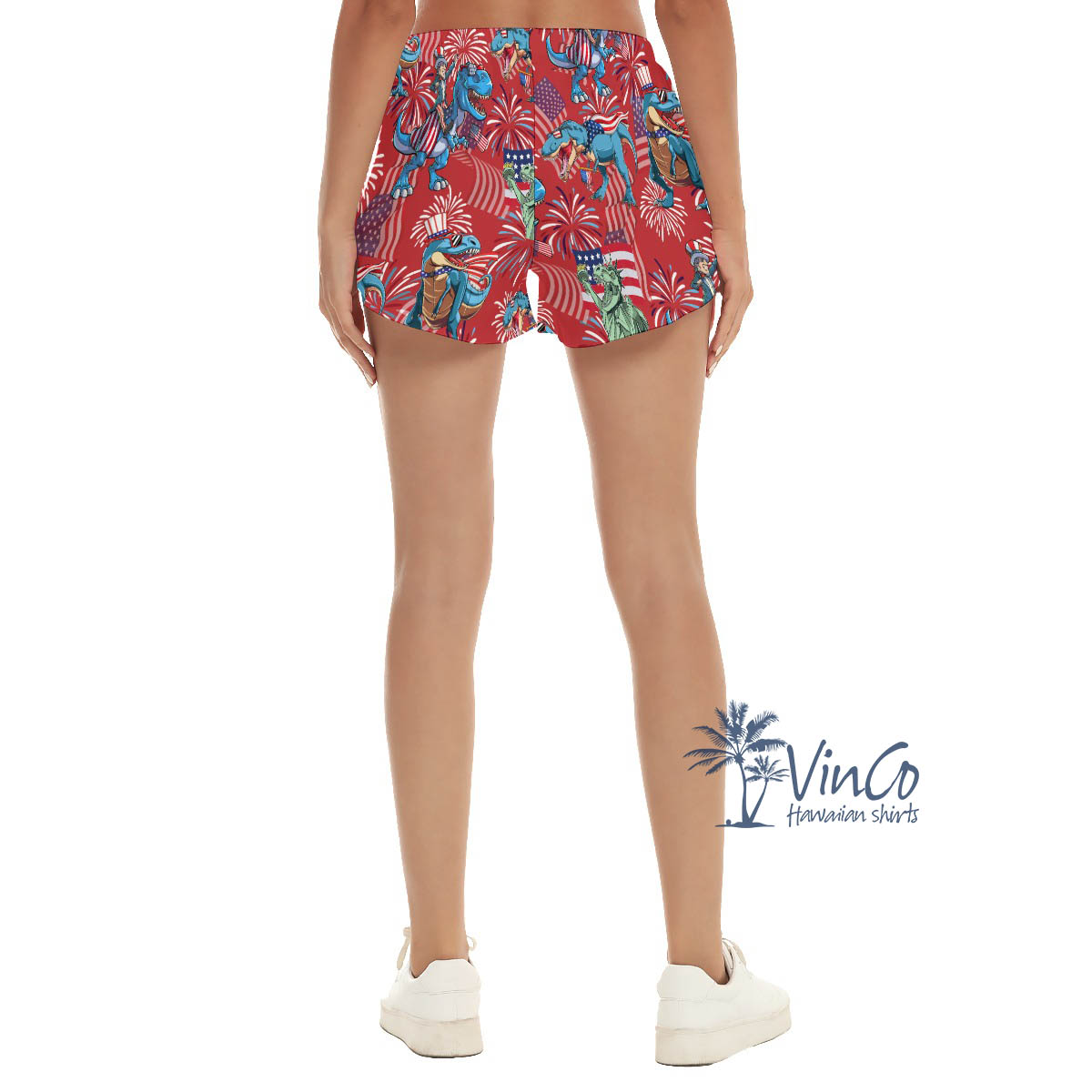 4th Of July Dinosaur Firework Hawaiian Summer Shorts For Women