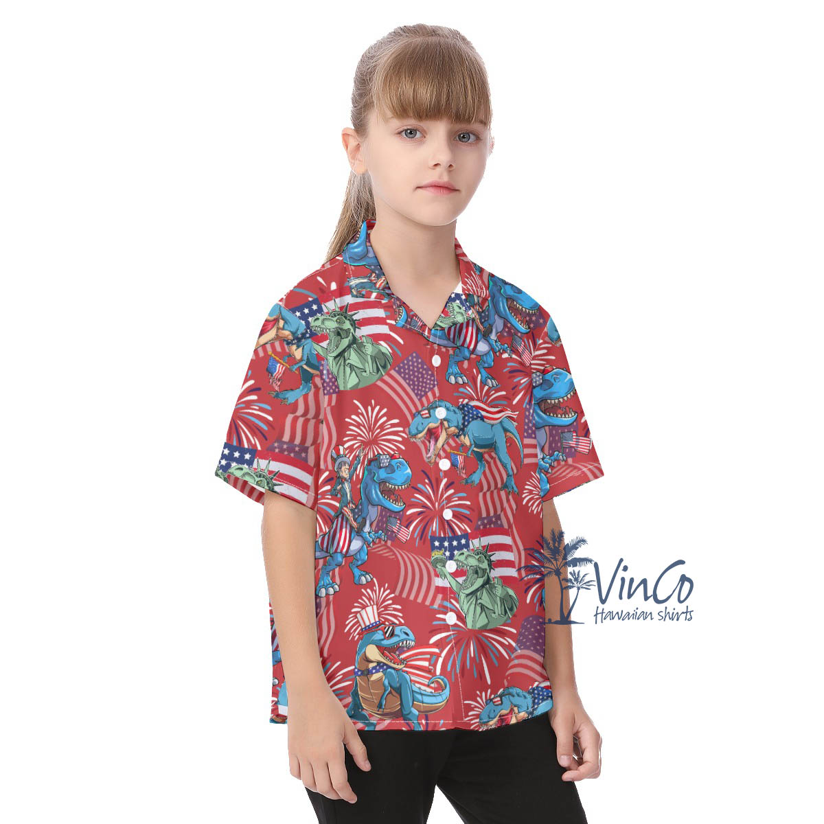 Cute Dinosaur Patriotic Red Aloha Shirt For Kids