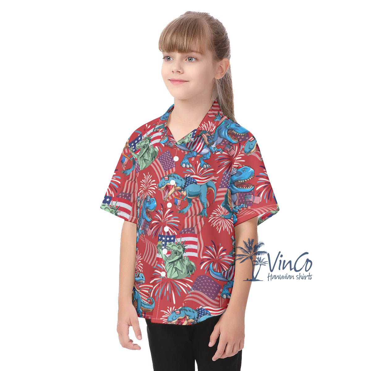 Cute Dinosaur Patriotic Red Aloha Shirt For Kids
