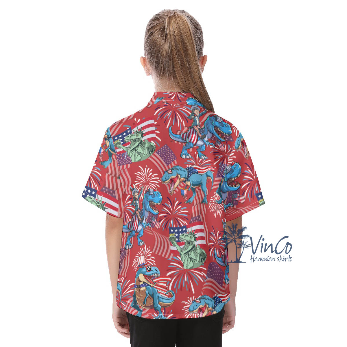 Cute Dinosaur Patriotic Red Aloha Shirt For Kids