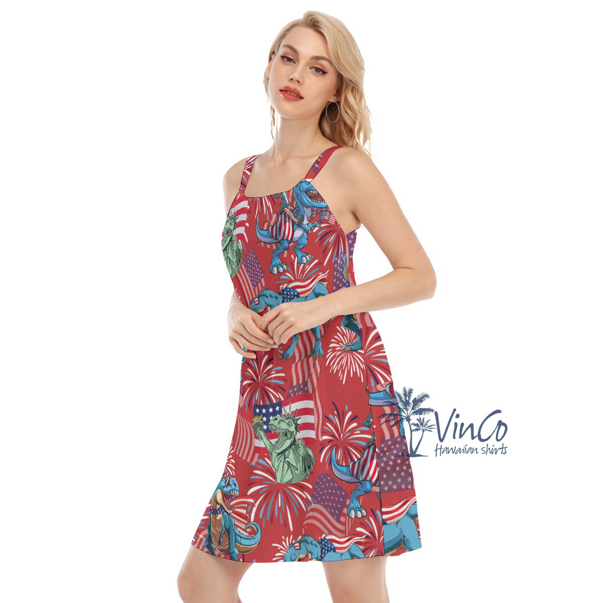 American Flag Firework Dinosaur Red Hawaiian Dresses For Women