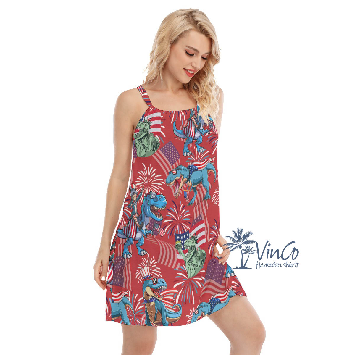 American Flag Firework Dinosaur Red Hawaiian Dresses For Women