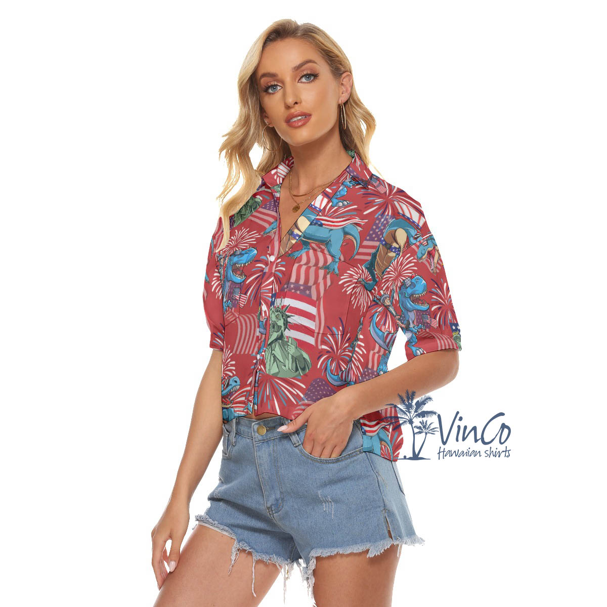 Funny Amerisaurus Rex Red Hawaiian Cropped Shirt For Women