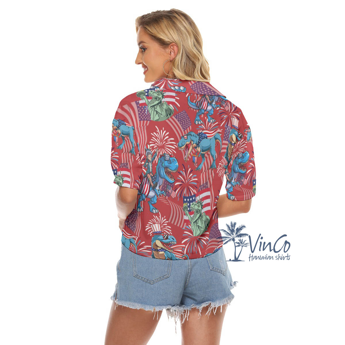 Funny Amerisaurus Rex Red Hawaiian Cropped Shirt For Women