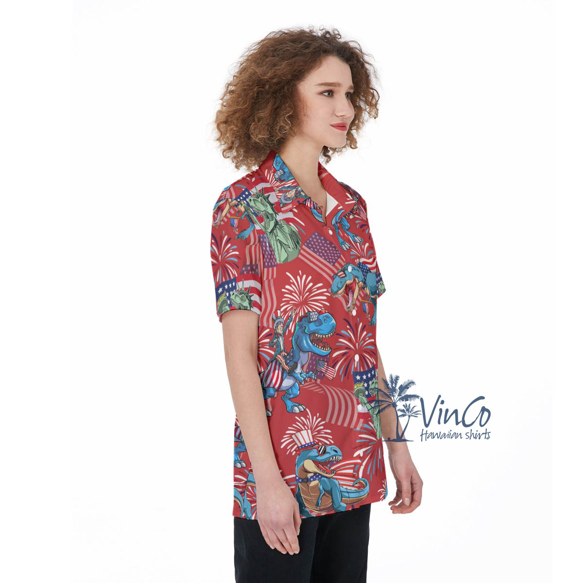American Flag Dinosaur 4th Of July Hawaiian Shirts For Women