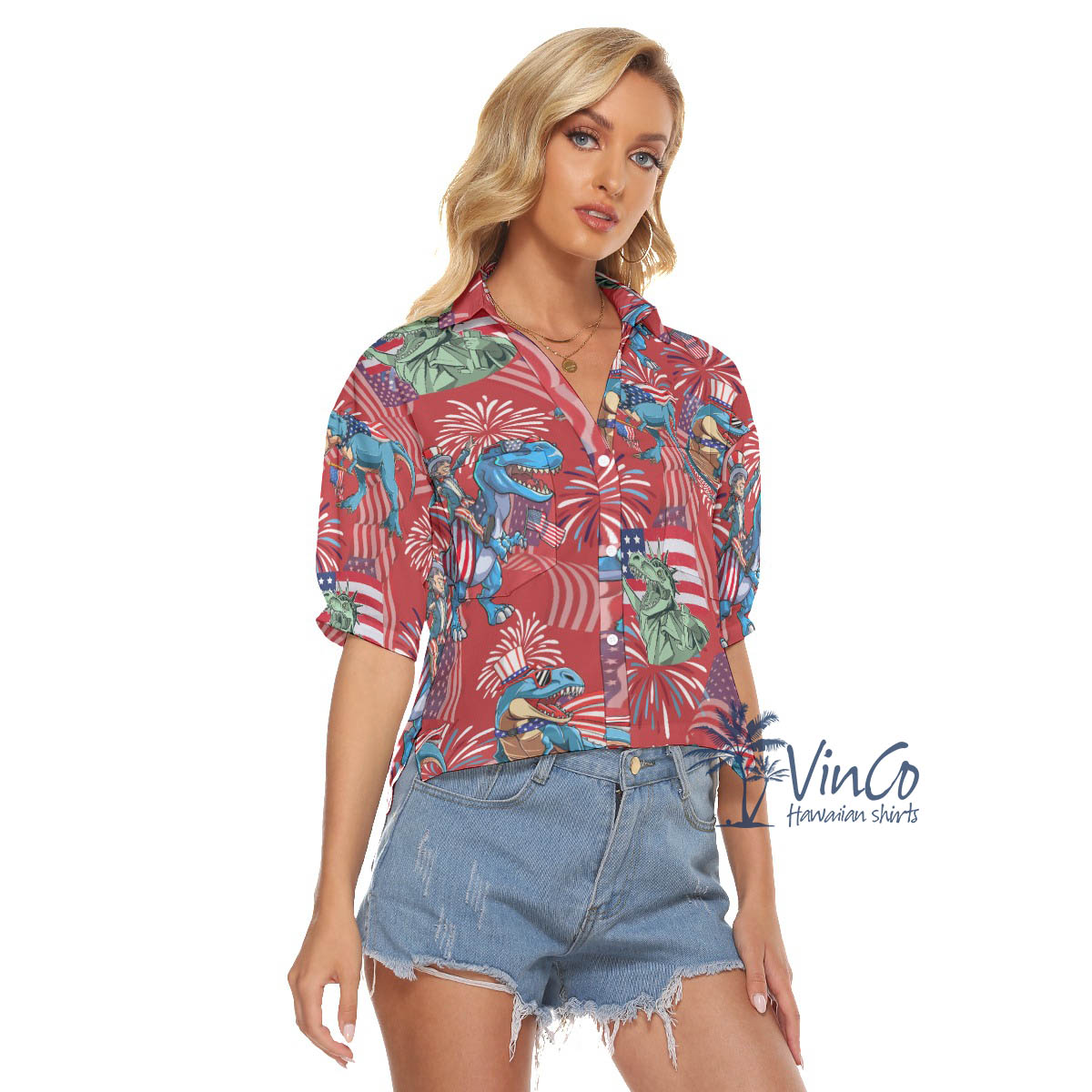 Funny Amerisaurus Rex Red Hawaiian Cropped Shirt For Women
