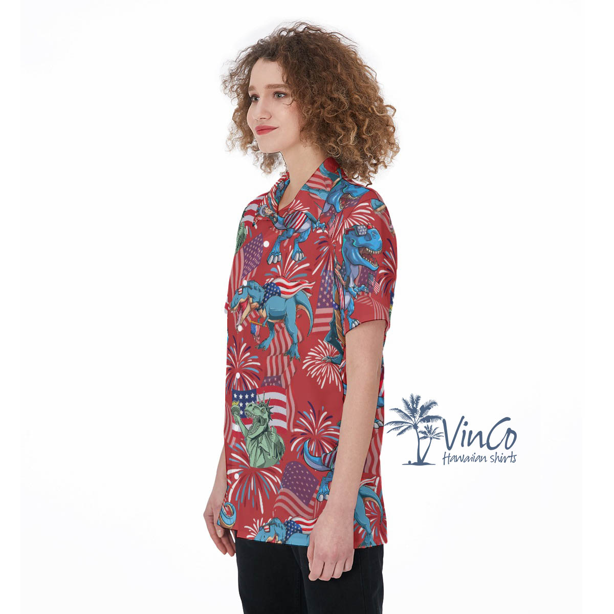 American Flag Dinosaur 4th Of July Hawaiian Shirts For Women