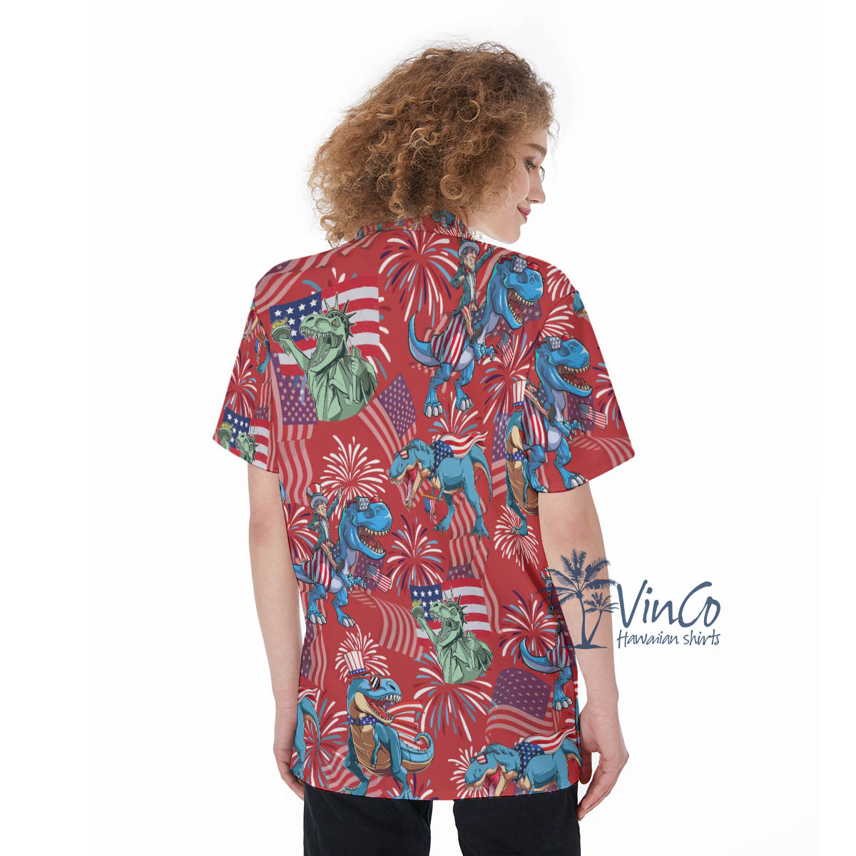American Flag Dinosaur 4th Of July Hawaiian Shirts For Women