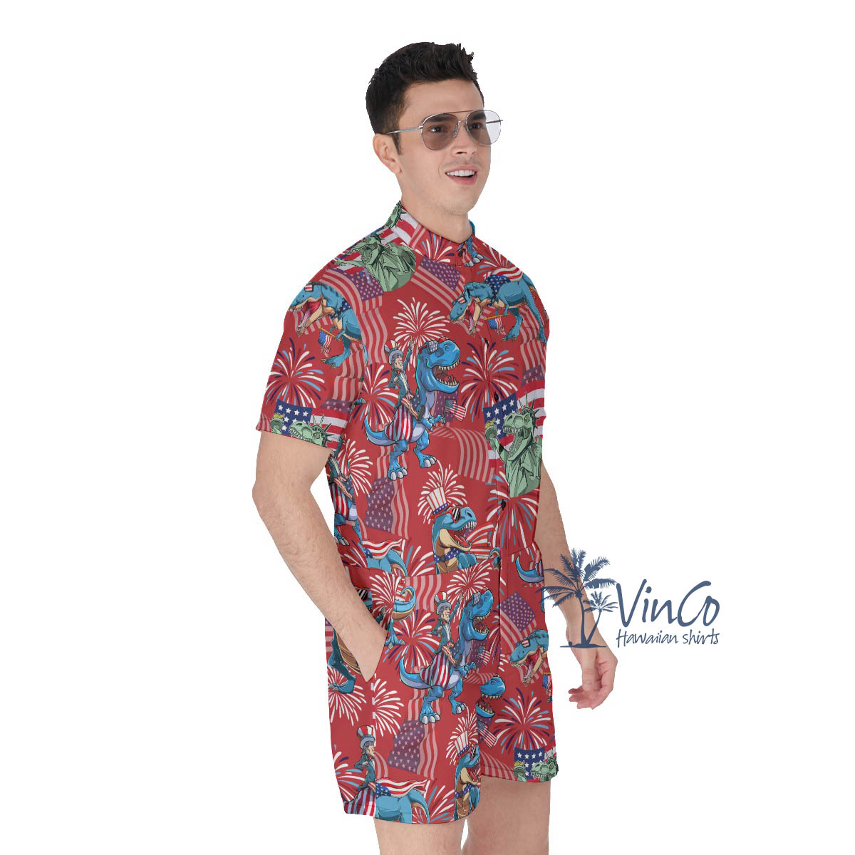 Funny Dinosaur Patriotic Men's Hawaiian Romper