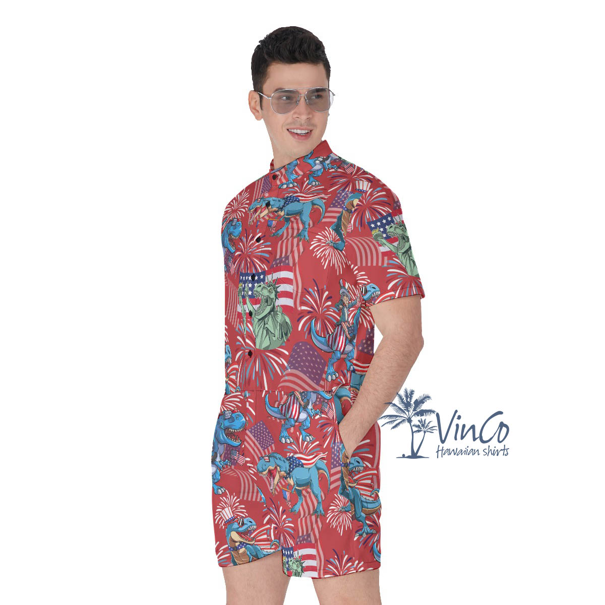 Funny Dinosaur Patriotic Men's Hawaiian Romper