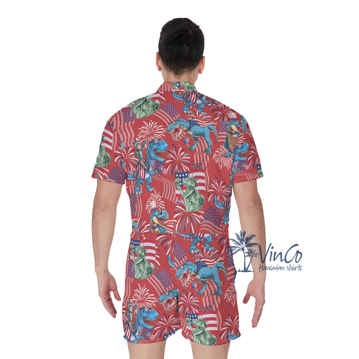 Funny Dinosaur Patriotic Men's Hawaiian Romper