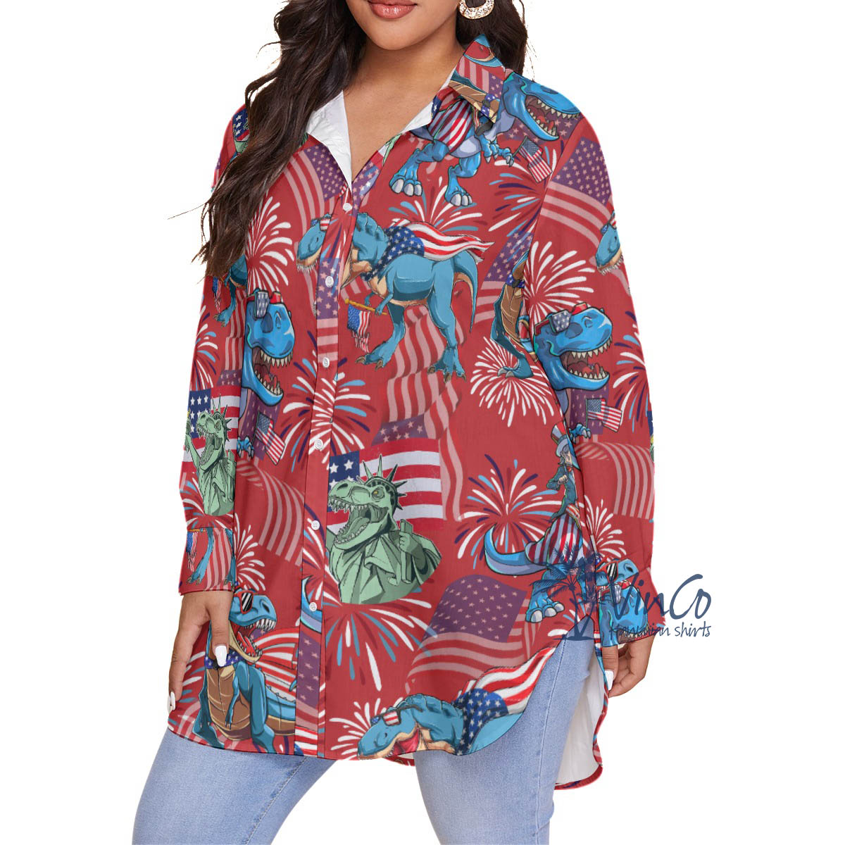 Funny Dinosaur American Flag Hawaiian Plus Size Shirt For Women