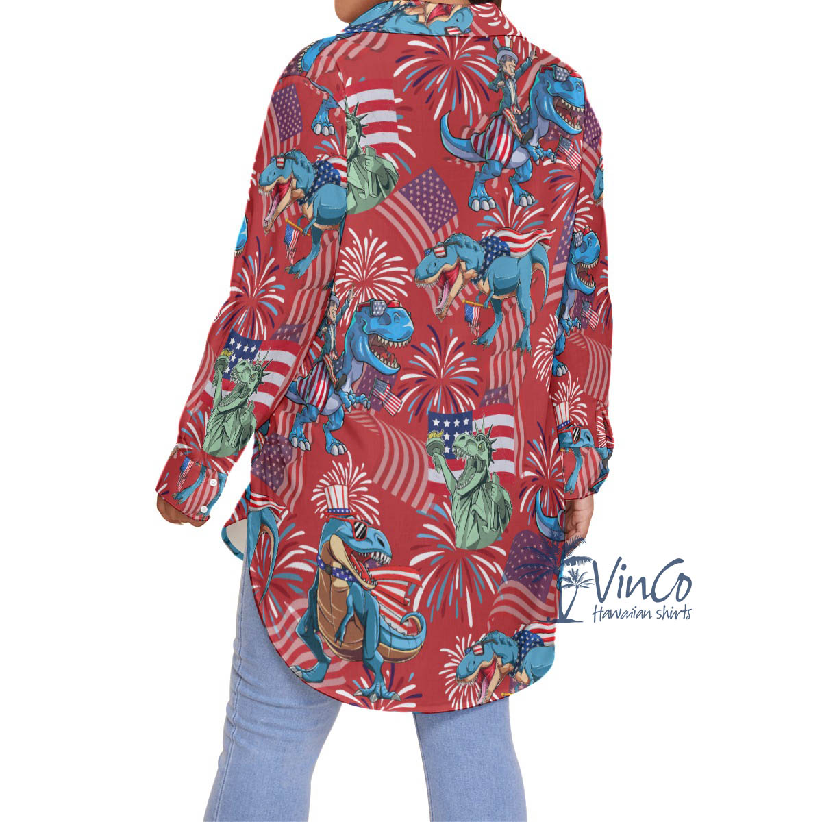 Funny Dinosaur American Flag Hawaiian Plus Size Shirt For Women