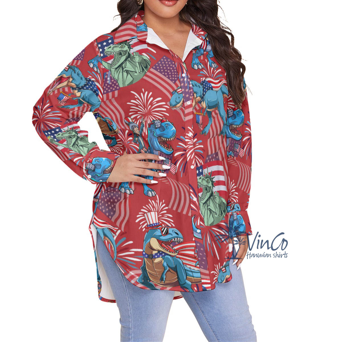 Funny Dinosaur American Flag Hawaiian Plus Size Shirt For Women