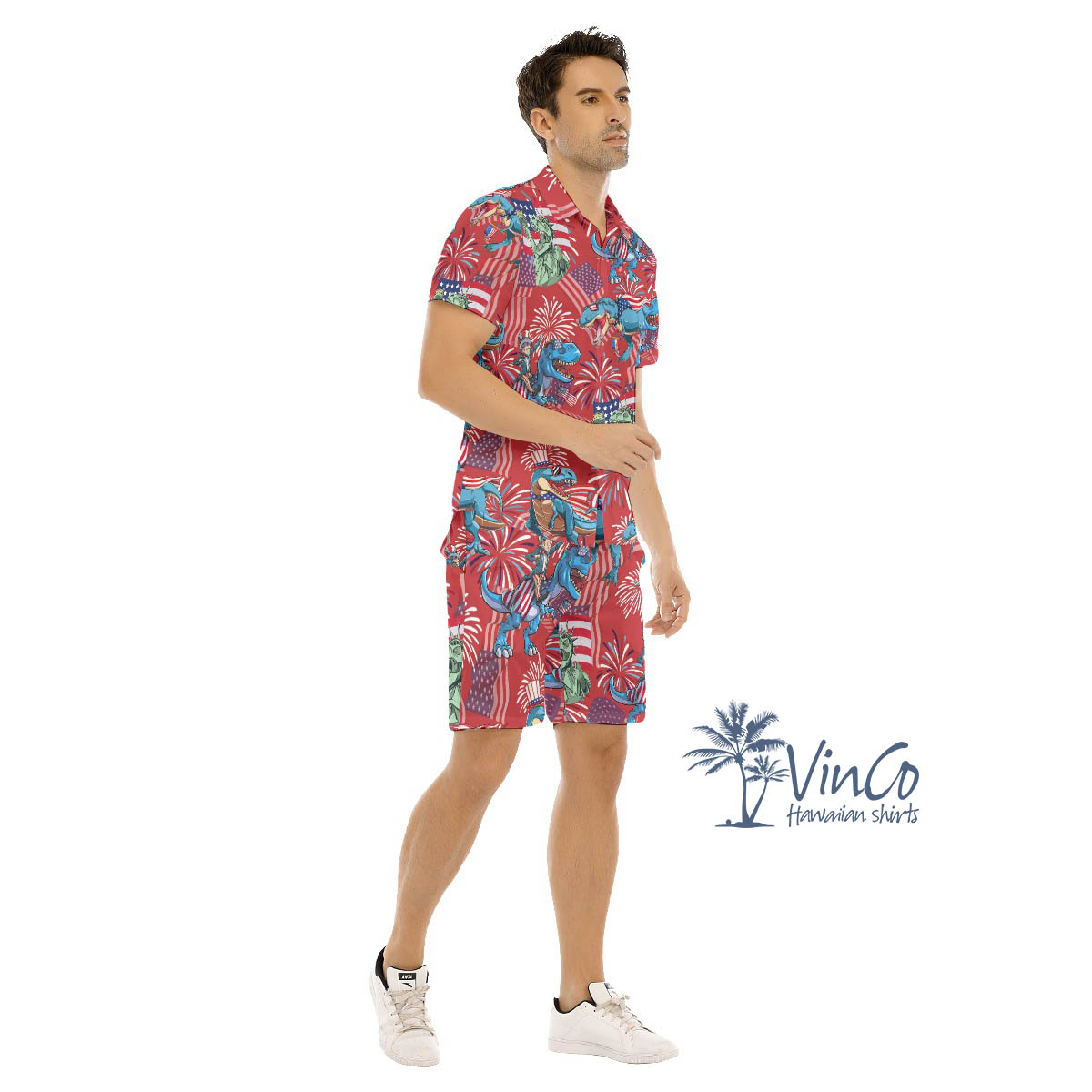 Set Patriotic Dinosaur Red Hawaiian Shirt And Matching Shorts For Men