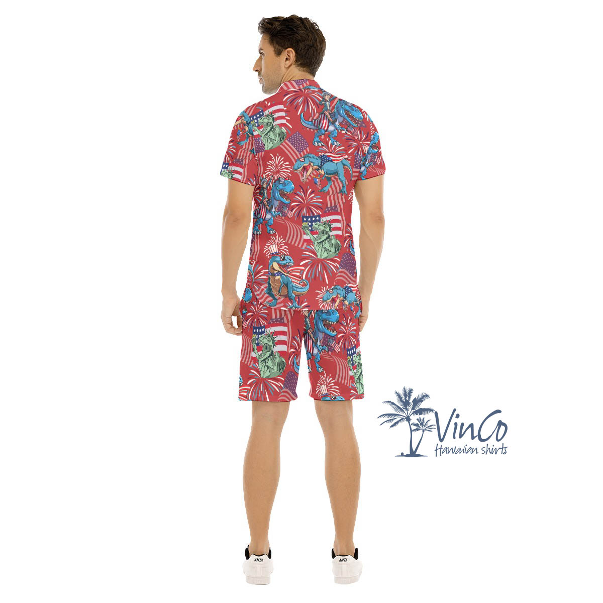 Set Patriotic Dinosaur Red Hawaiian Shirt And Matching Shorts For Men