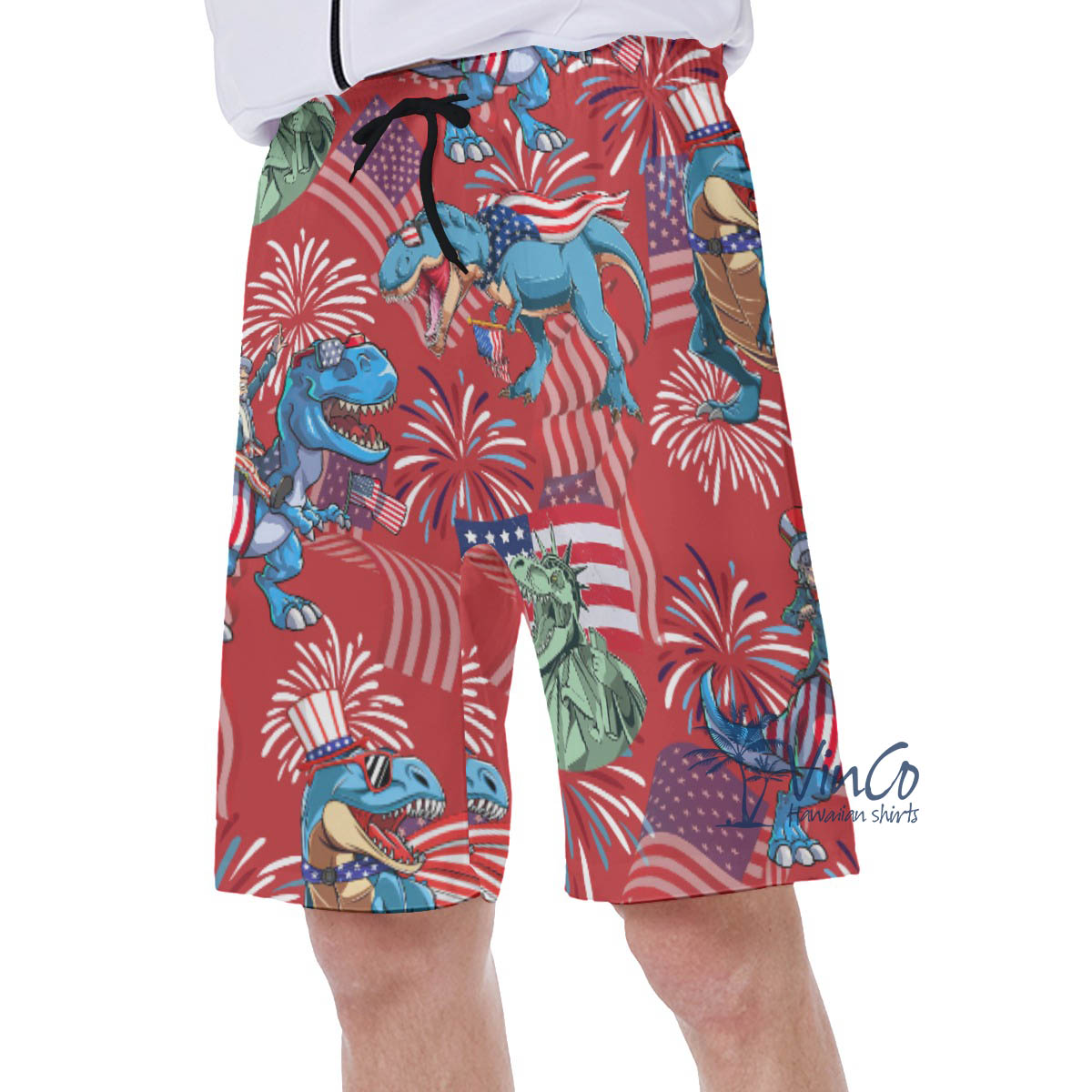 4th Of July American Flag Dinosaur Red Hawaiian Swim Trunks For Men