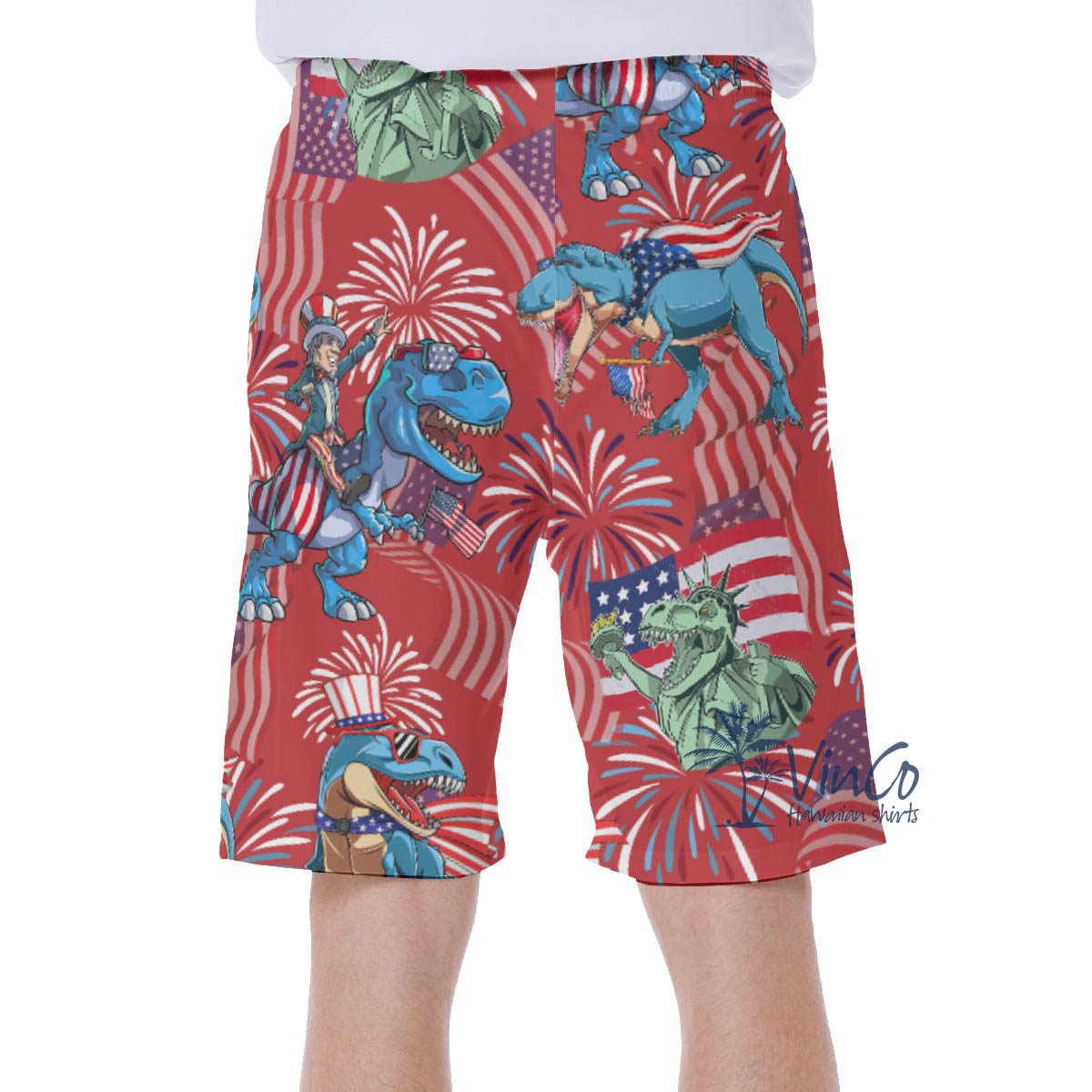 4th Of July American Flag Dinosaur Red Hawaiian Swim Trunks For Men