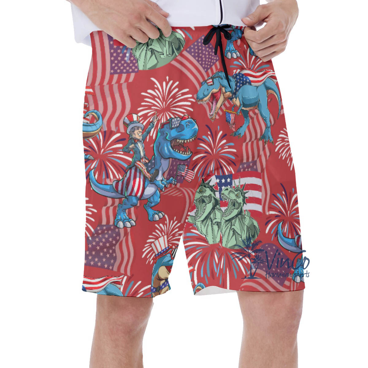 4th Of July American Flag Dinosaur Red Hawaiian Swim Trunks For Men