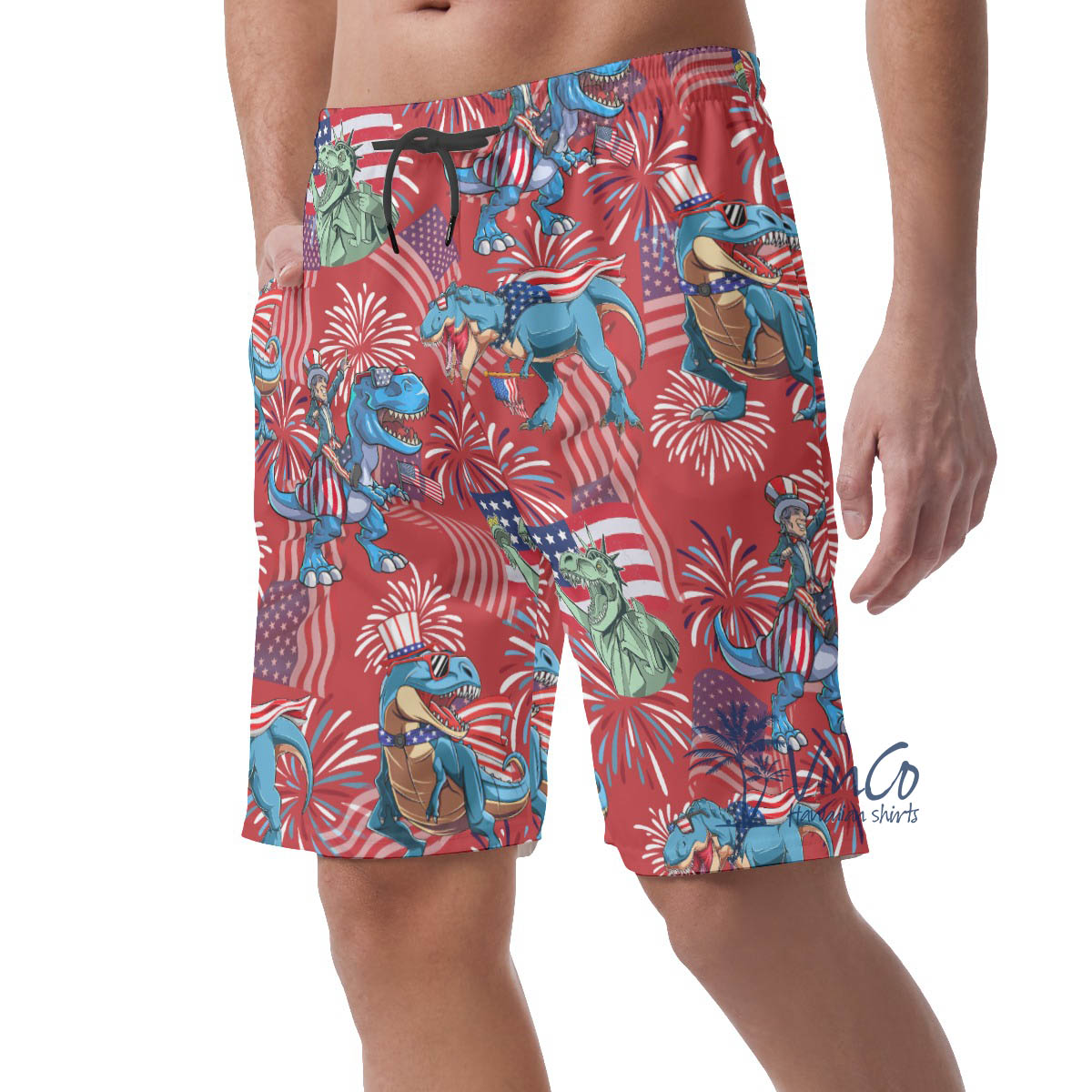 Funny American Flag Dinosaur Patriotic Men's Hawaiian Beach Shorts