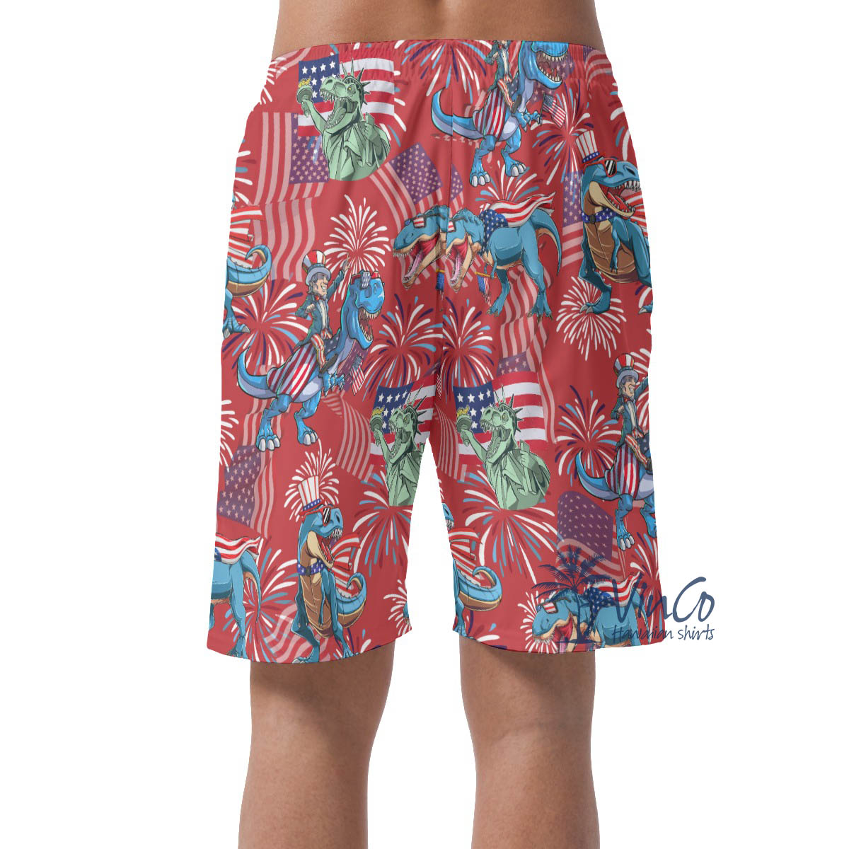 Funny American Flag Dinosaur Patriotic Men's Hawaiian Beach Shorts