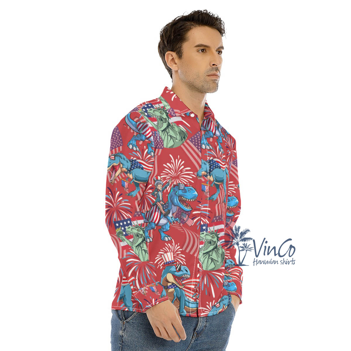 Funny Amerisaurus Rex 4th Of July Red Hawaiian Long Sleeve Shirt For Men