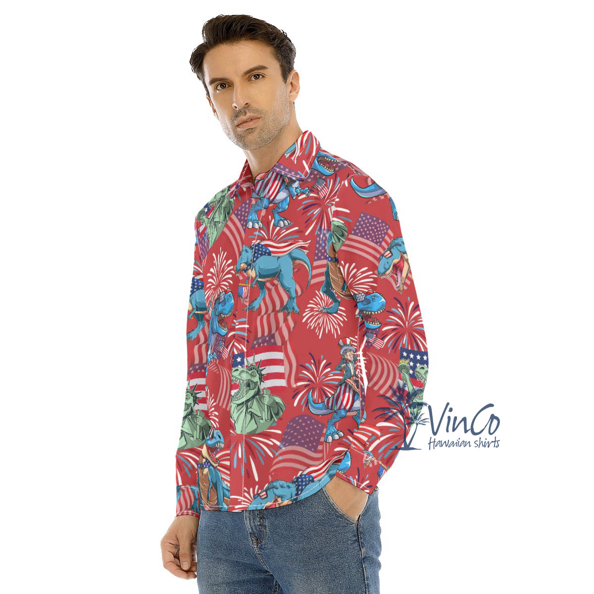 Funny Amerisaurus Rex 4th Of July Red Hawaiian Long Sleeve Shirt For Men