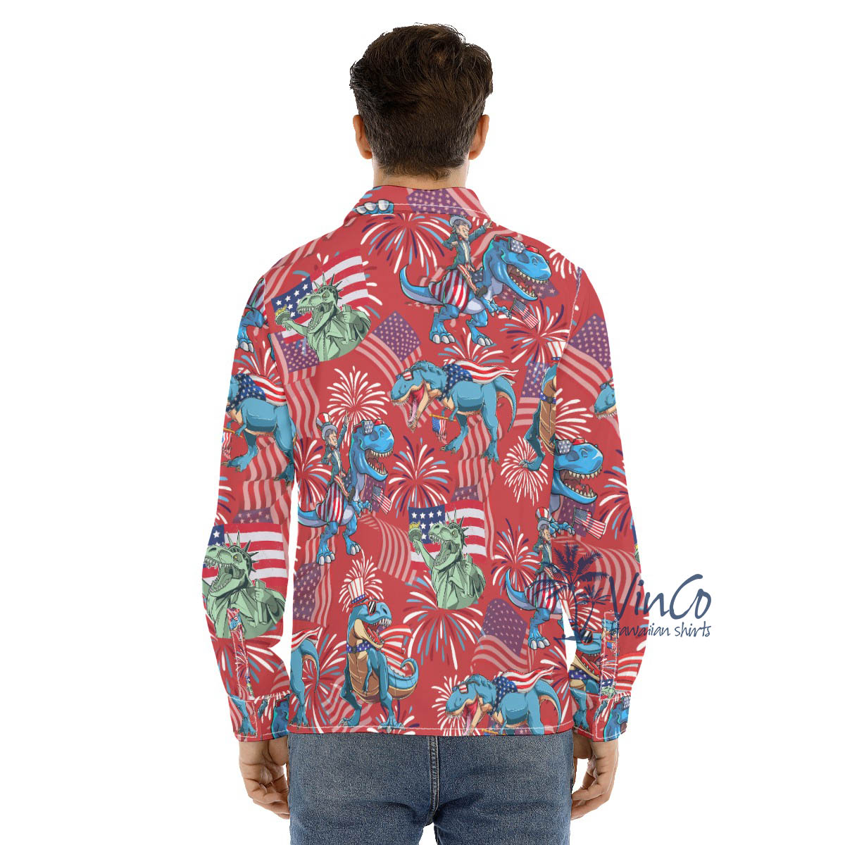 Funny Amerisaurus Rex 4th Of July Red Hawaiian Long Sleeve Shirt For Men