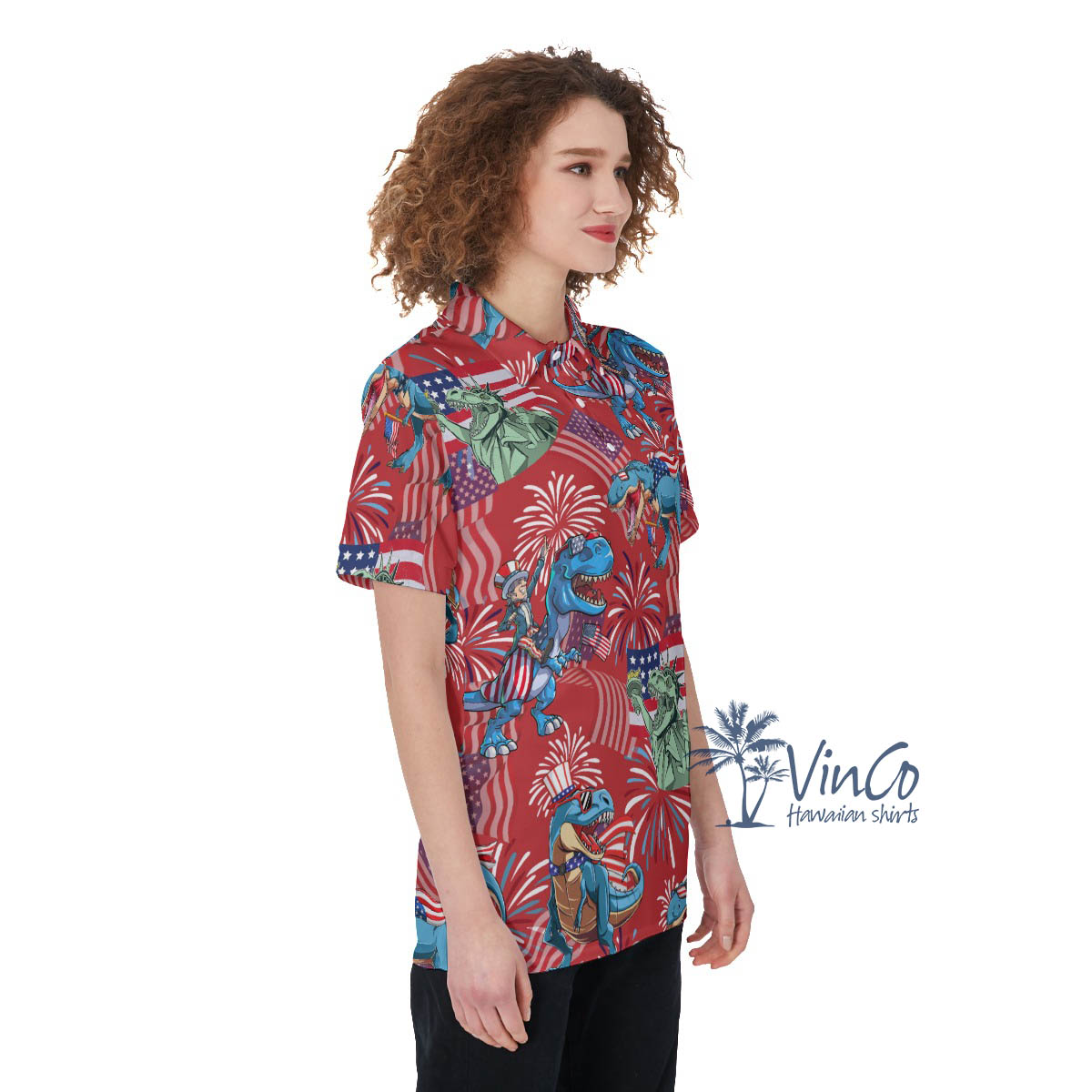 Firework American Flag Dinosaur Red Hawaiian Golf Shirt For Women