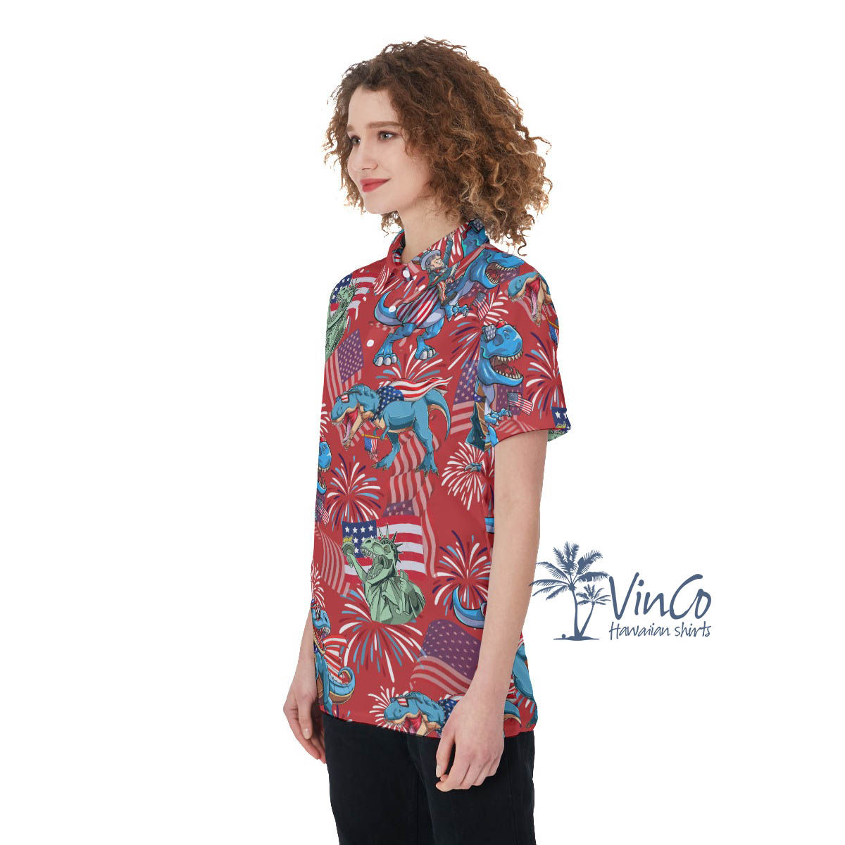 Firework American Flag Dinosaur Red Hawaiian Golf Shirt For Women