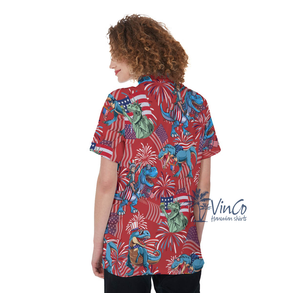 Firework American Flag Dinosaur Red Hawaiian Golf Shirt For Women