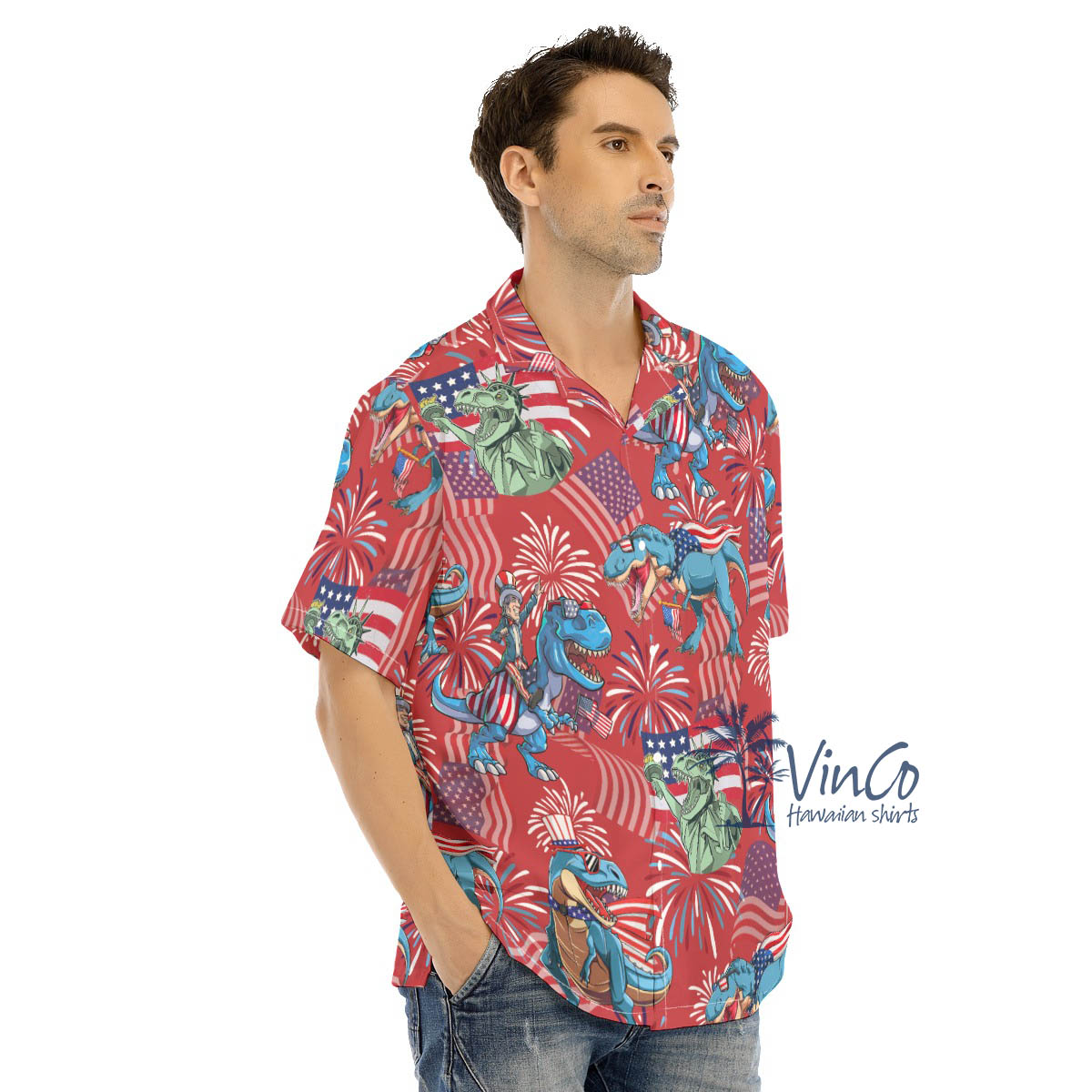 Funny Dinosaur Firework 4th Of July Hawaiian Shirt