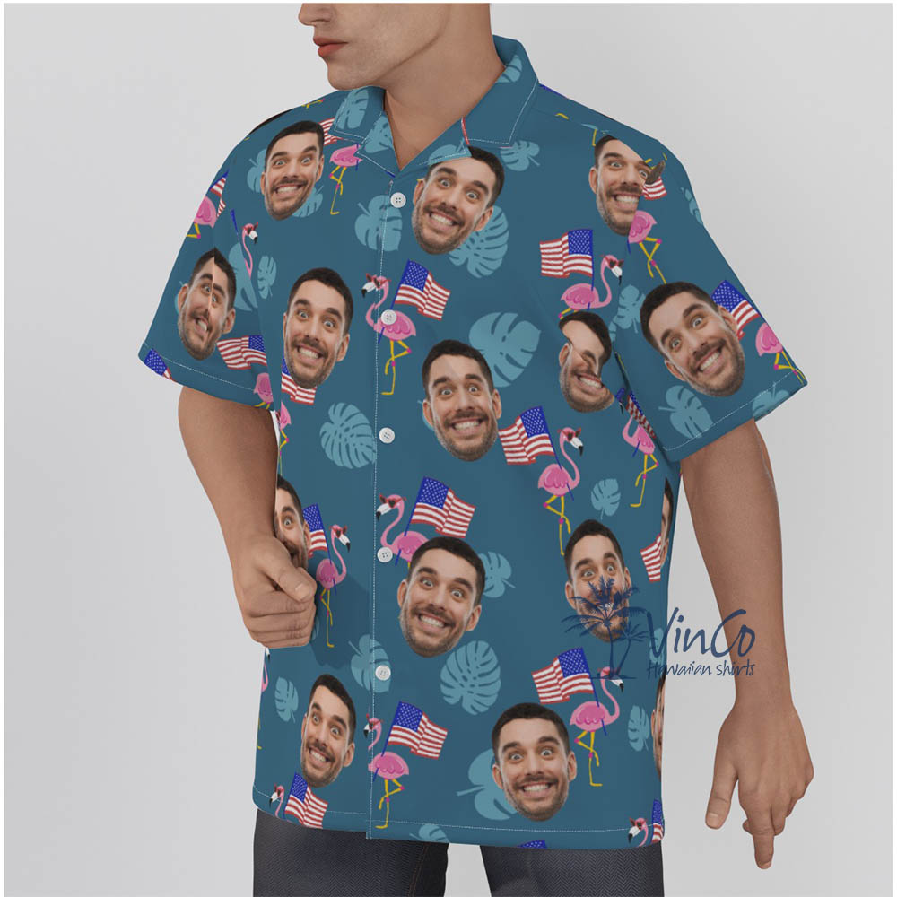 Custom Flamingo Patriotic Hawaiian Shirt With Faces For Men