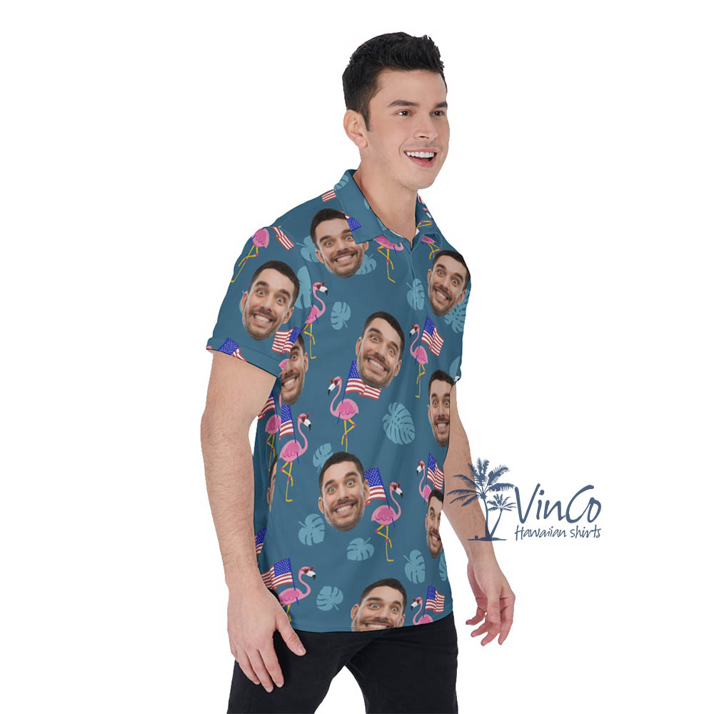 Custom Face Flamingo Independence Hawaiian Polo Shirt