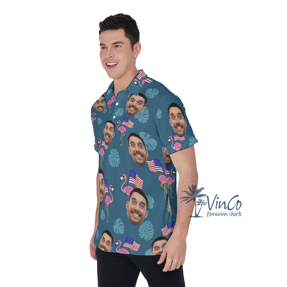 Custom Face Flamingo Independence Hawaiian Polo Shirt