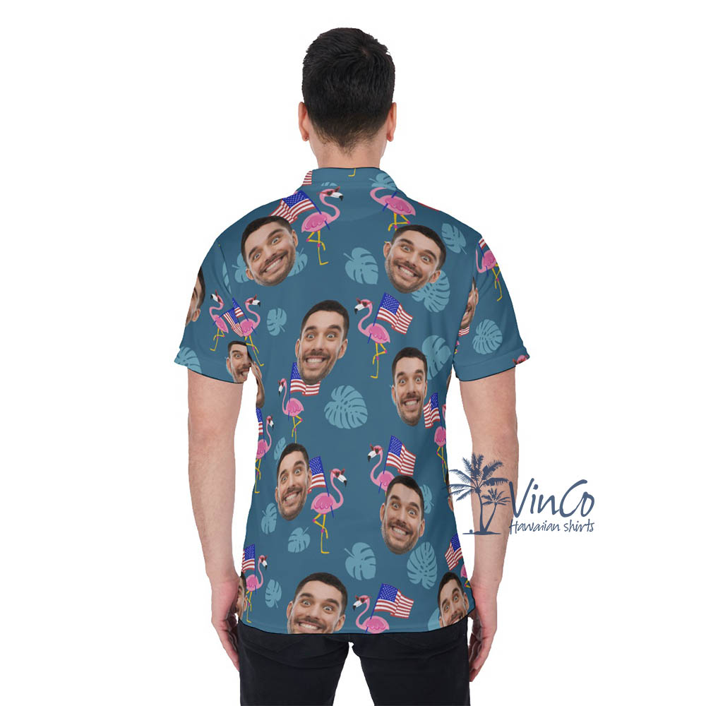 Custom Face Flamingo Independence Hawaiian Polo Shirt