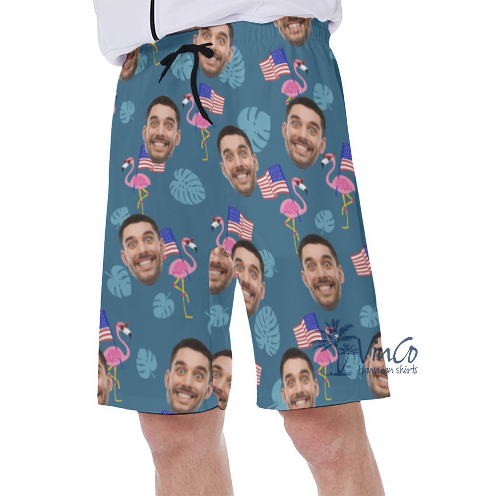 Custom Face Flamingo Patriotic Hawaiian Swim Trunks For Men