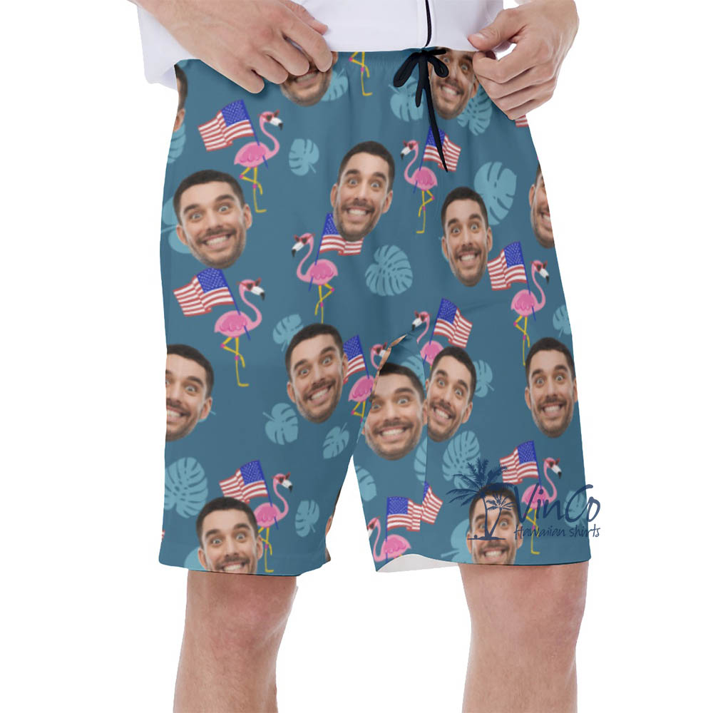 Custom Face Flamingo Patriotic Hawaiian Swim Trunks For Men