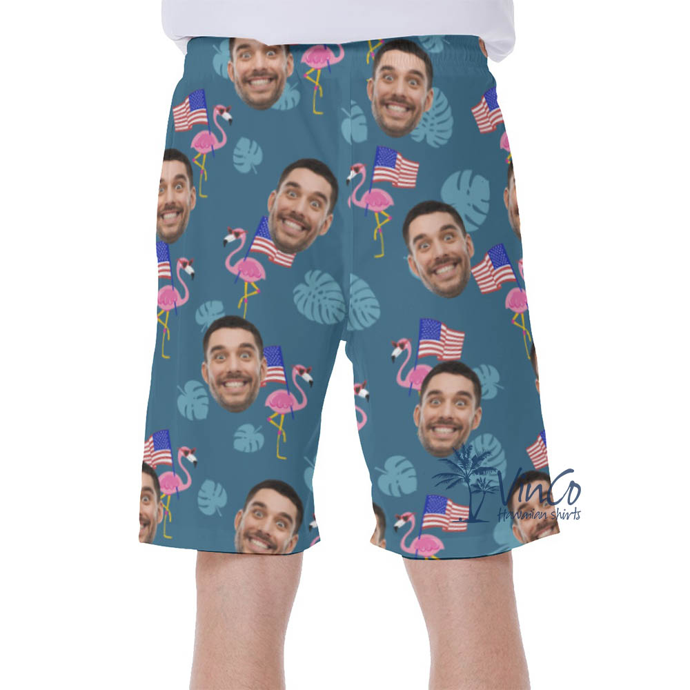 Custom Face Flamingo Patriotic Hawaiian Swim Trunks For Men