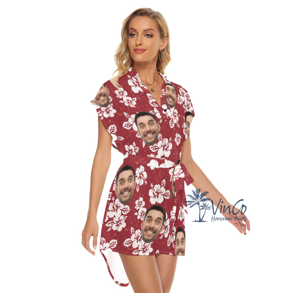 Hibiscus Red Custom Face Women's Dress With Belts