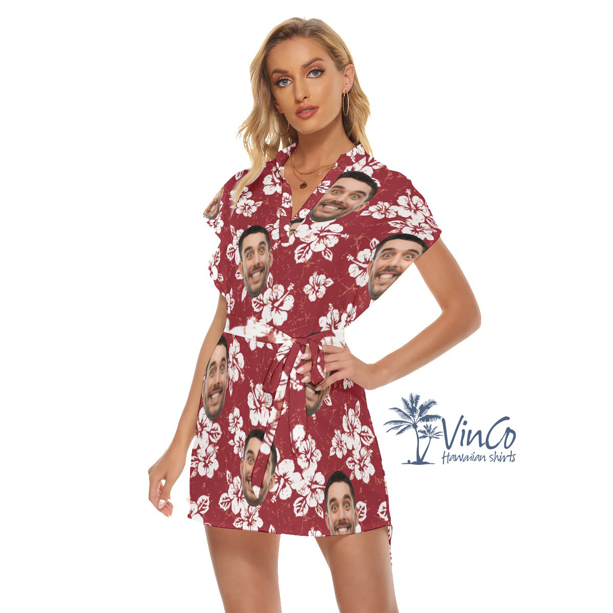 Hibiscus Red Custom Face Women's Dress With Belts