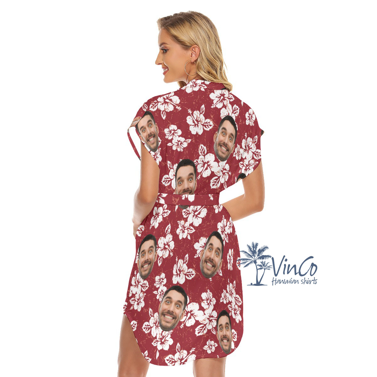 Hibiscus Red Custom Face Women's Dress With Belts